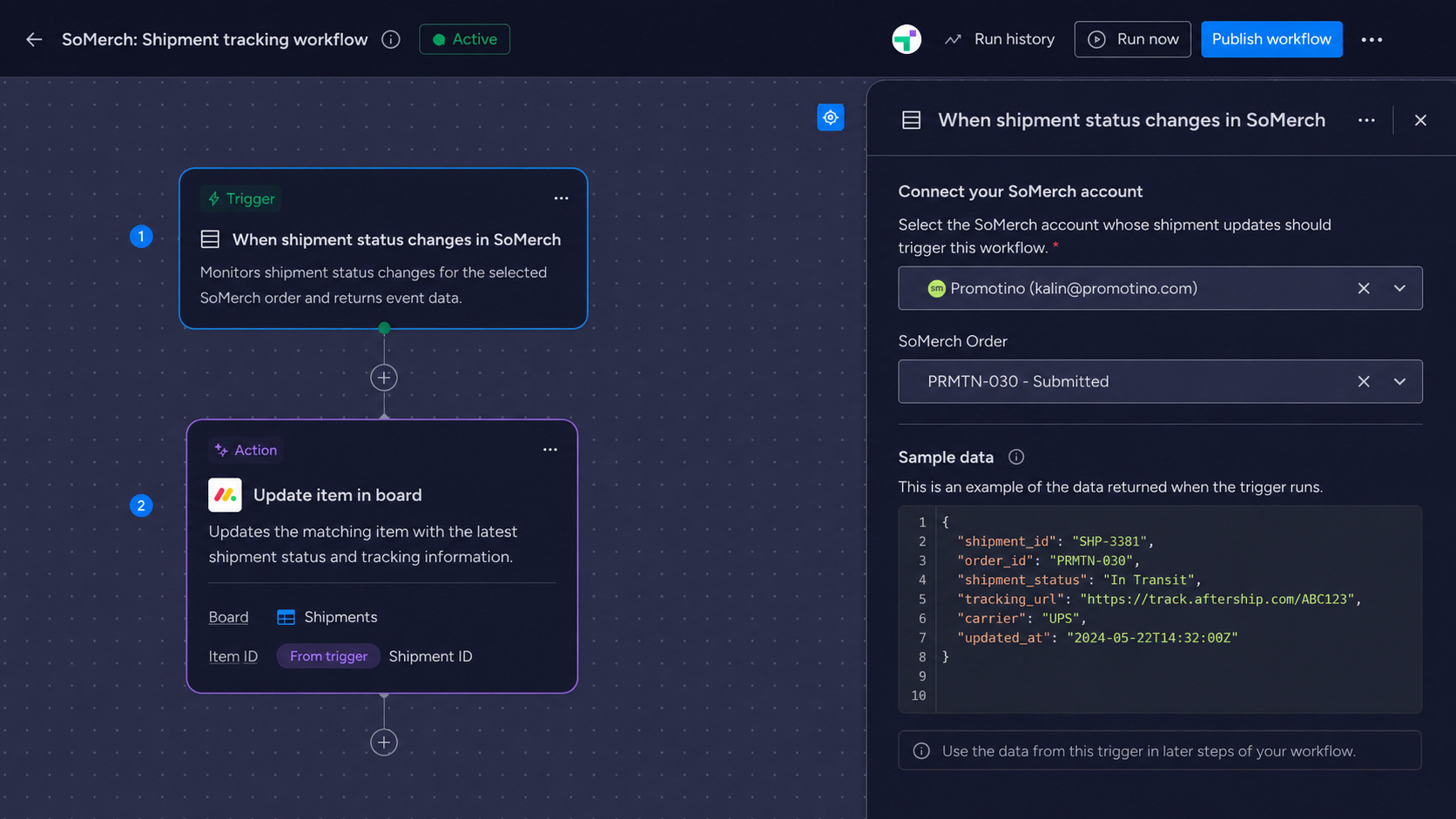 SoMerch Versandstatus-Ereignisse in einem monday.com Workflow verwenden