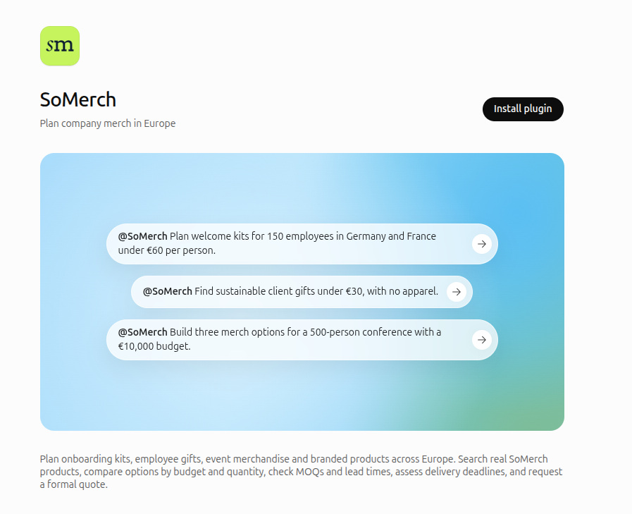 Open the public SoMerch plugin page and select Install plugin