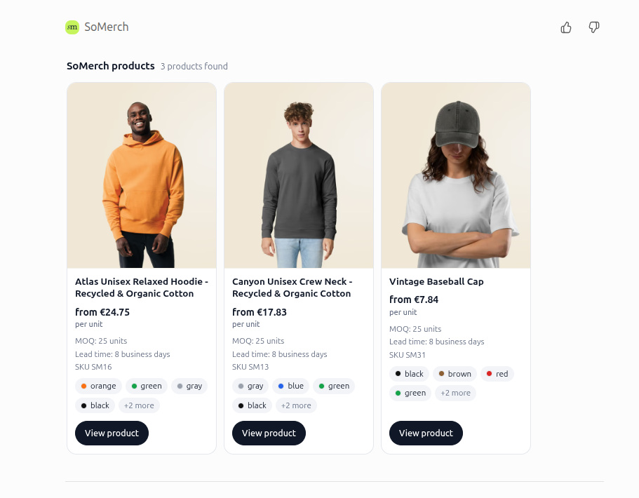 Compare real SoMerch products in product cards inside ChatGPT