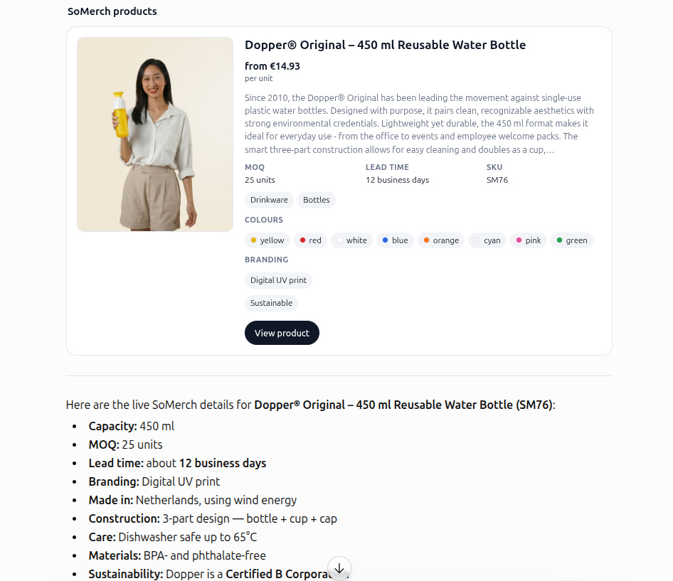 Review full SoMerch product details inside ChatGPT