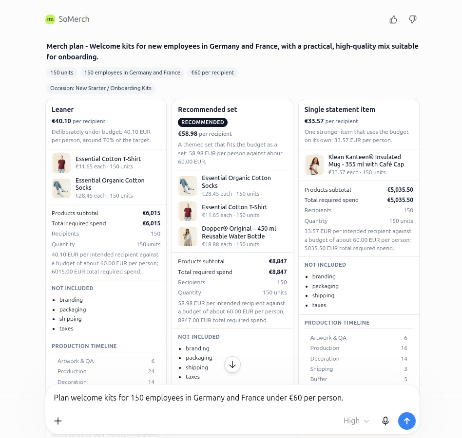 Compare SoMerch merch-plan concepts, costs and timing inside ChatGPT
