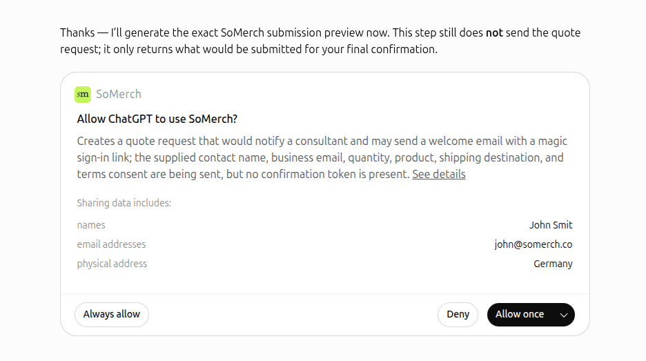 Review the ChatGPT permission dialog before sharing quote-request data with SoMerch