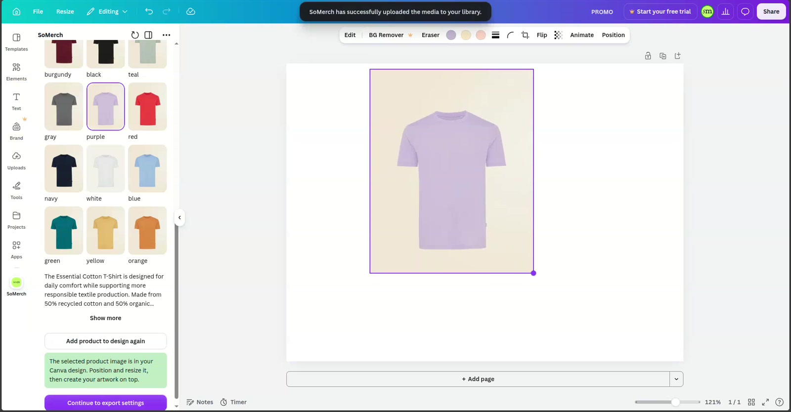 Add the selected merch product directly to the Canva design