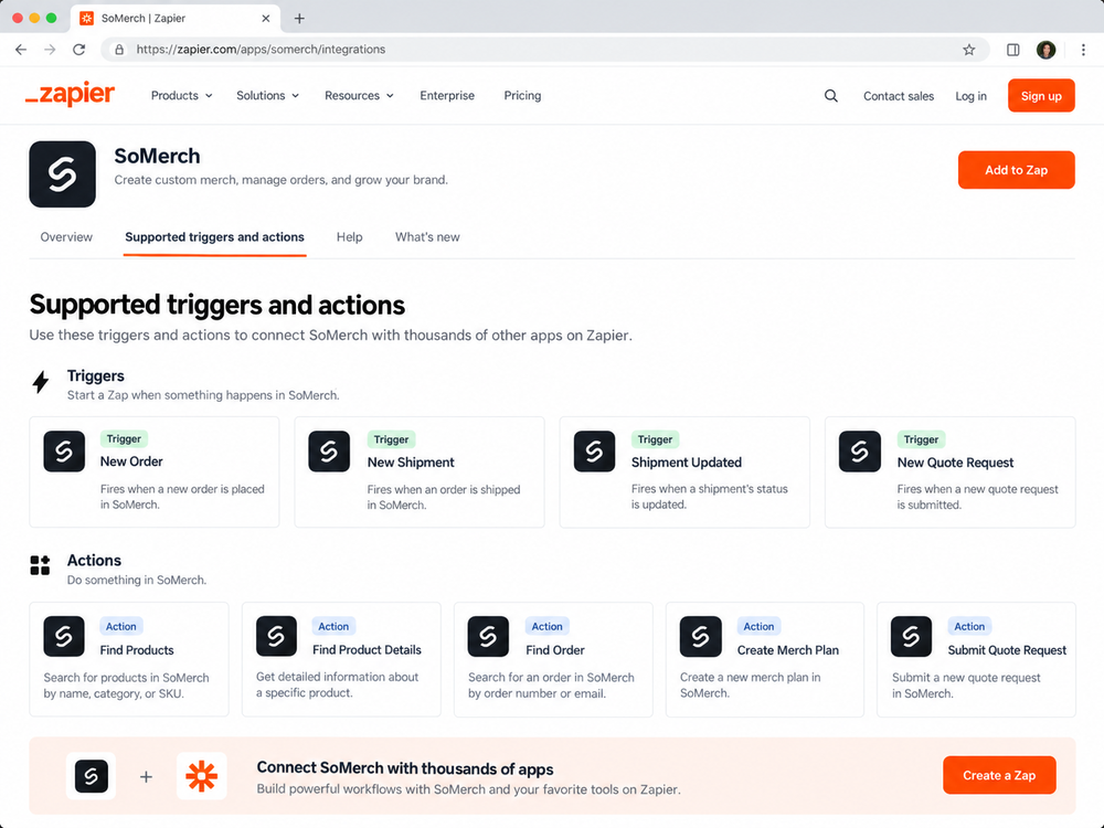 Supported SoMerch triggers and actions in Zapier