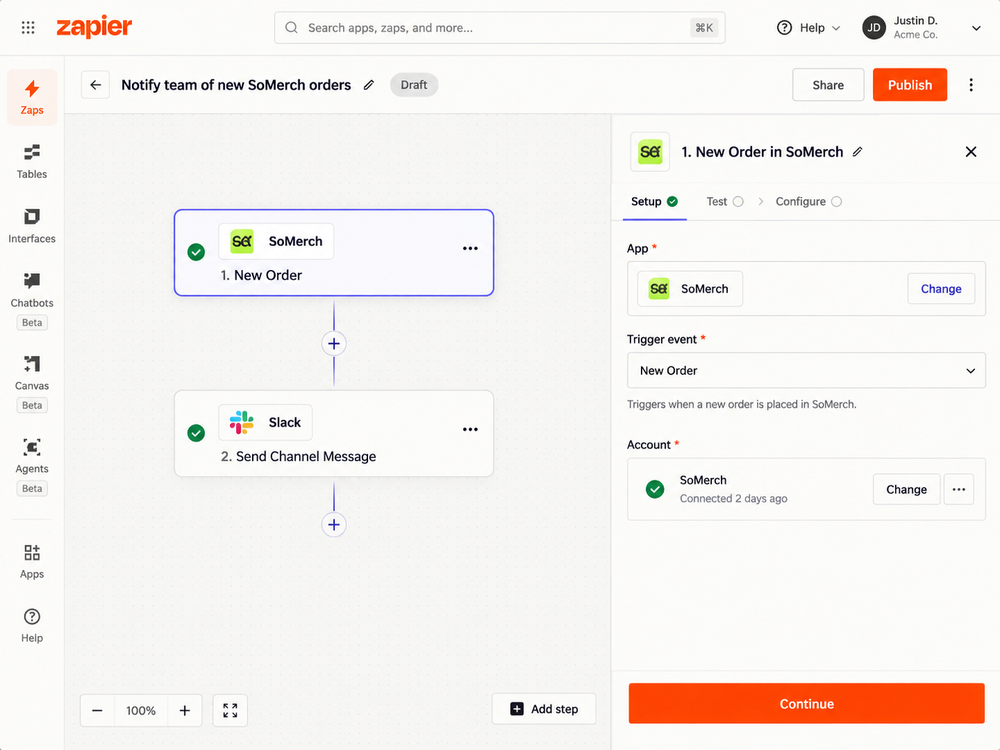 Example Zap: New Order in SoMerch to Slack